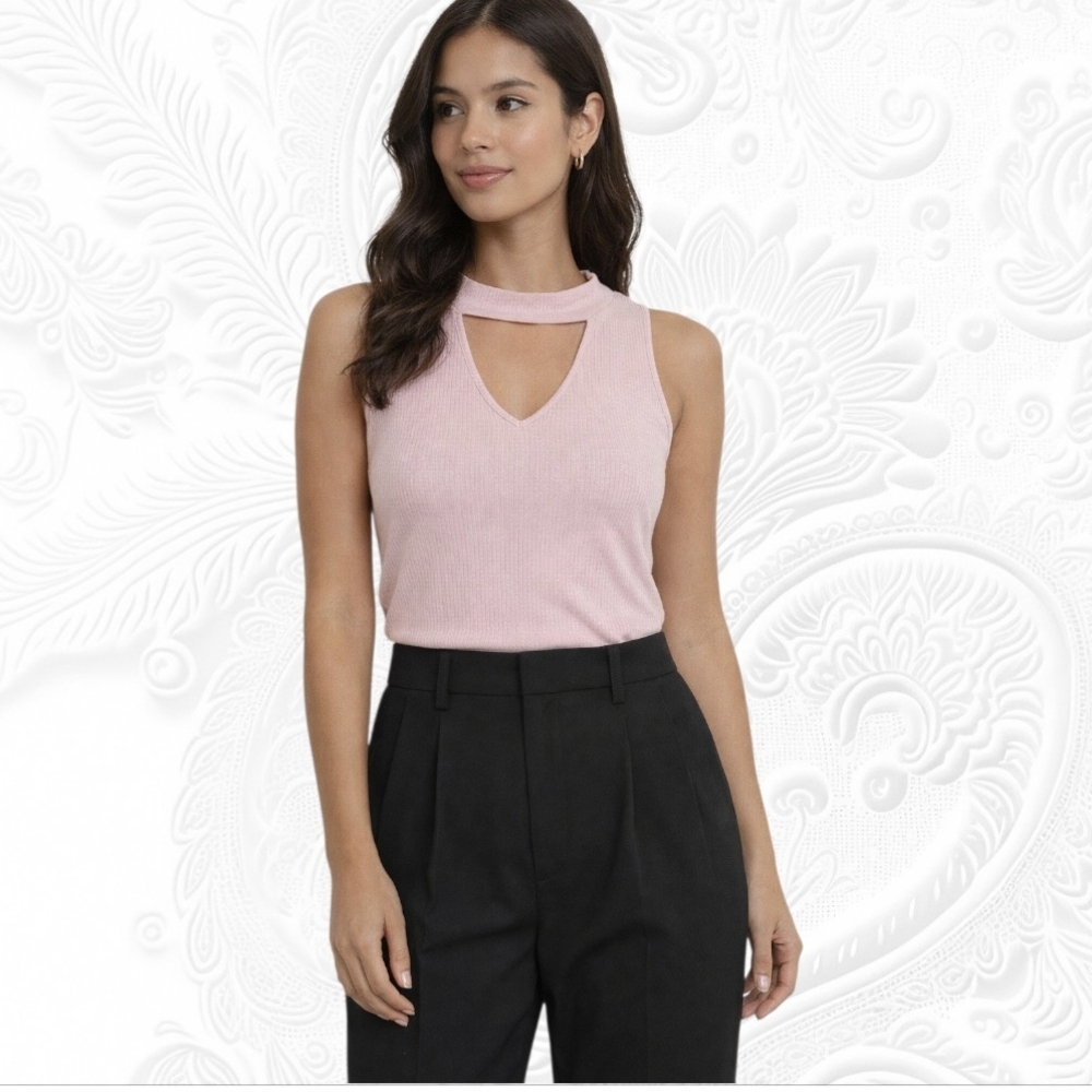 Kendall & Kylie Pink Ribbed Cutout V-Neck Choker Tank Top, Xsmall